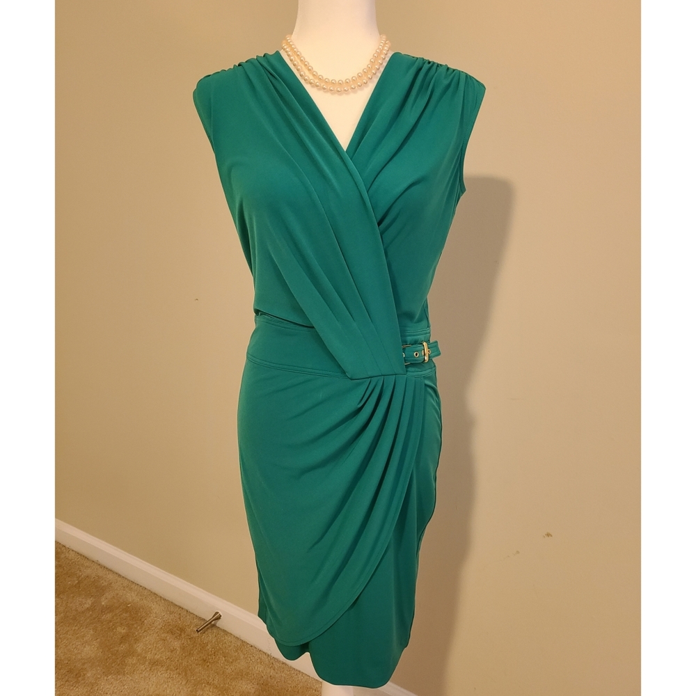 Cache Faux Wrap Sleveless Buckle Dress